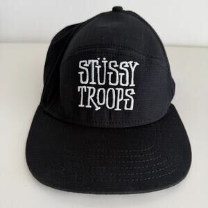 Stussy Troops Hat Black Embroidered Strapback Baseball Cap Y2K Blackout Street